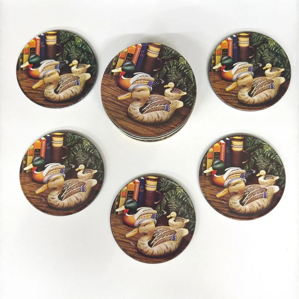 Vintage 1983‎ Mallard Duck Coaster Set with Tin 5pc Cork Backed Hong Kong Rustic